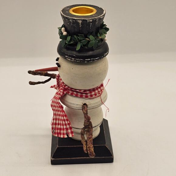 Primitive Snowman Candle Holder Handcrafted Folk Art Christmas Decor Black Hat - Picture 6 of 8